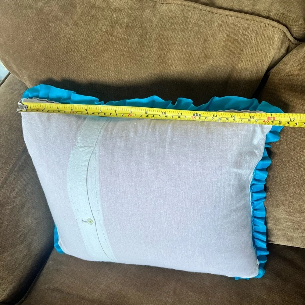 Handmade Ukrainian Pillow Floral Decorative Aqua Ruffled Vintage‎ 18